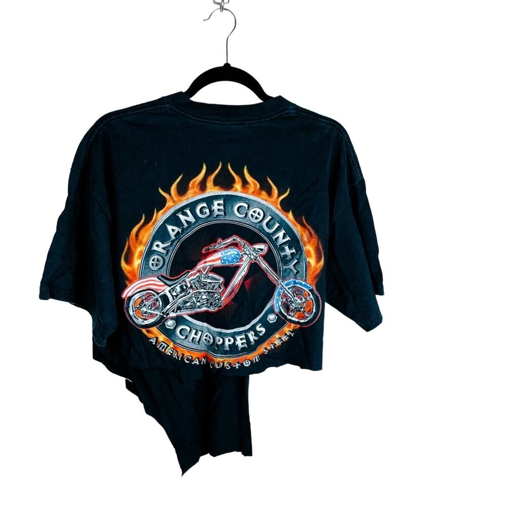Vintage Orange County Choppers Flame Graphic Black Cropped Biker Tee Shirt XL
